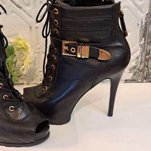 Guess Bieninda Black Leather Peep Toe High Heel Boots Buckle Details 7.5 M - Picture 4 of 15